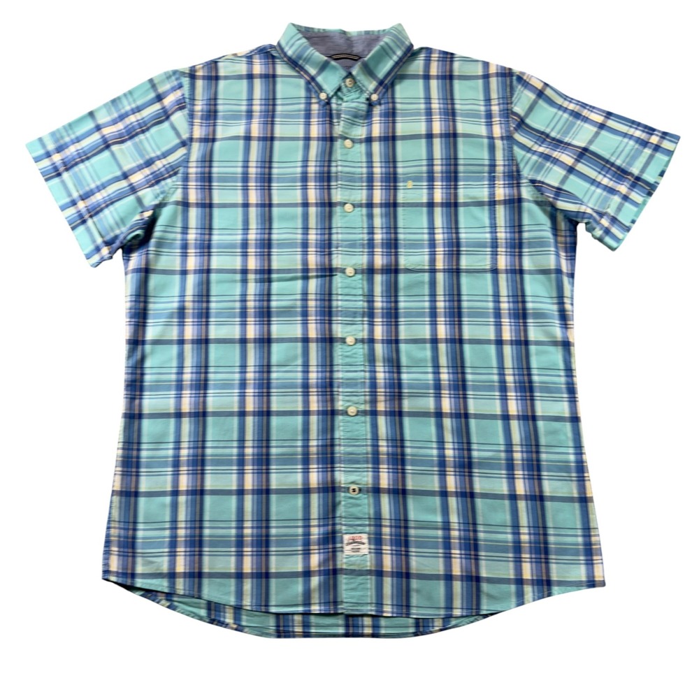 IZOD Saltwater Large Seaport‎ Poplin Short Sleeve Blue Plaid Button Down Shirt